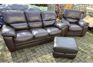 Excellent Condition Brown Leather Sofa Set - 3 + 1 + Storage Footstool