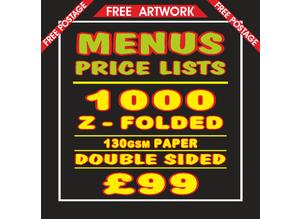 PRINTED MENUS ~ PRICE LISTS WITH Z-FOLD (OTHER FOLDS AVAILABLE) 130gsm PAPER INCLUDES ARTWORK ~ NO VAT! INCLUDES FREE POSTAGE