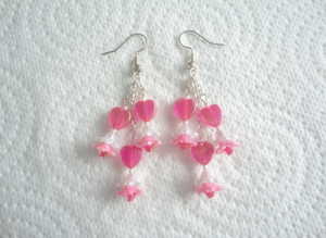 Handmade Pink, Heart Beads &  Flowers Beads,  3-Drop Earrings