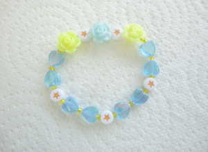 Handmade Aqua & Yellow Flower Bead Elasticated Bracelet for Children.