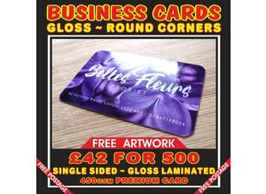 x500 BUSINESS CARDS ~ GLOSS LAMINATED ROUND CORNERS ~ FREE POSTAGE ~ FREE ARTWORK Single sided, printed on 450gsm premium card.  NO VAT.