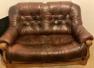 2 seater leather settee with carved solid wooden frame and 2 drawers £250