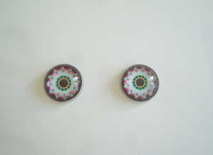 Handmade 12mm Green, Red & Yellow Glass Cabochon, Stainless Steel Stud Earrings