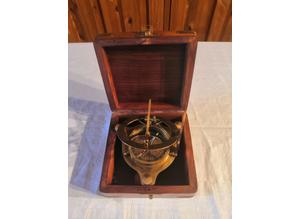 Vintage, Brass, Adjustable, Magnetic Maritime Compass & Sundial - Wooden Box