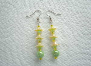 Handmade Green & Yellow Flower Bead & Miracle (glow) Bead Drop Earrings. S.P. Hook Ear-Wires.
