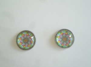 Handmade 12mm Yellow & Green Glass Cabochon, Stainless Steele Stud Earrings.