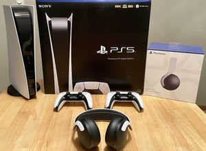 Sony PlayStation 5 digital edition Console  with Extra Controller     - white And 3D Pulse Headset ,Ps Camera,etc Cooling Stand With Controller Charge