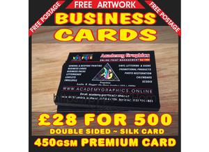 500 BUSINESS CARDS 450gsm premium card. Double Sided. NO VAT. FREE ARTWRORK ~ FREE POSTAGE