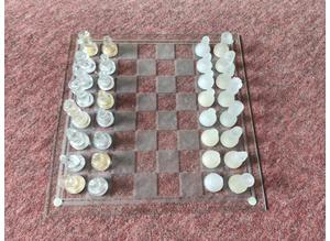 Boxed, Vintage Glass Chess Piece and Board Set, 35.5cm x 35.5cm, Excellent Condition