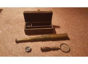 Vintage, Antique Brass Compass / Magnifying Glass / Telescope Set in Wooden Box