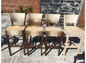 6 NEW HARDWOOD BAR CHAIRS/STOOLS, 2 ARMCHAIRS & 5 TABLES. NEED UPHOLSTERING.
