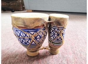 Genuine, Vintage, Ceramic, Hand Painted, Goat Skin, African Double Drum / Djembe