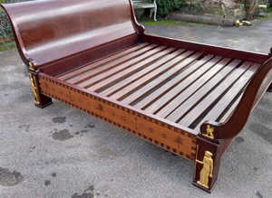 Double super king size Mahogany sleigh bed with decorative Egyptian designs on the sides ( removable) 1850mm wide x 1950 long x 1050 high both ends