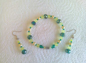 Handmade Green & Yellow Elasticated Bracelet & Earrings Set