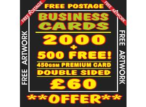 ** SPECIAL OFFER**  500 FREE CARDS with 2000 Double Sided Business Cards PLUS FREE ARTWORK ~ FREE POSTAGE ~  NO VAT!! ~ 450gsm premium silk card.