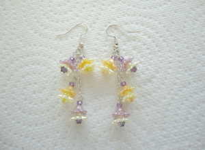 Handmade Yellow & Lilac, Acrylic Pearl Flower Bead, Drop Earrings. S.P. Hook Ear-Wires.