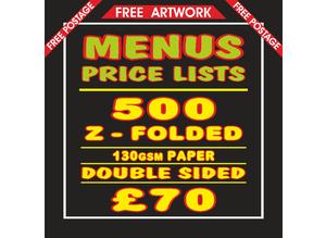 PRINTED MENUS ~ PRICE LISTS WITH Z-FOLD (OTHER FOLDS AVAILABLE) 130gsm PAPER INCLUDES ARTWORK ~ NO VAT! INCLUDES FREE POSTAGE