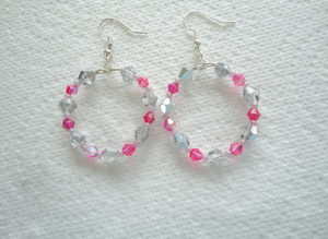Handmade Silver/Clear & Fuchsia Pink Hoop Earrings