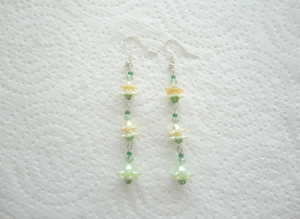 Handmade Green & Yellow Flower Bead Dangling Earrings. S.P. Hook Ear-Wires.