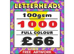 1000 LETTERHEADS printed in FULL COLOUR on PREMIUM 100gsm paper FREE ARTWORK  FREE POSTAGE within UK  or can be collected from Southend Area