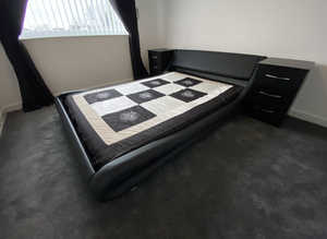 Double Size Modern Leather Bed + Memory Foam Mattress + 2 Black Bed Side Drawers L 210 cm x W 152 cm x H 77 cm Black and white 4ft6 Double Bed