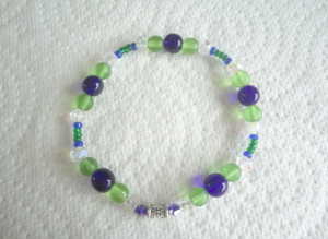 Handmade Blue & Green Glass Bead Elasticated Bracelet