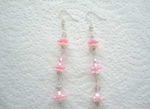 Handmade Pink &  White Flower Bead Dangling Earrings. S.P. Hook Ear-Wires.