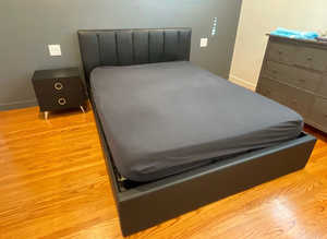 Queen Size storage bed with frame,  nightstand and mattress included we really loved and the storage it's so useful. The mattress is a Memory foam so